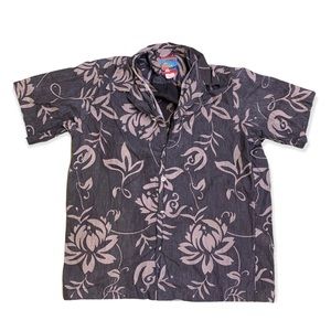 Joe Kealoha Genuine Hawaiian Camp Shirt Gray and Beige Ferns and Flowers, Size M